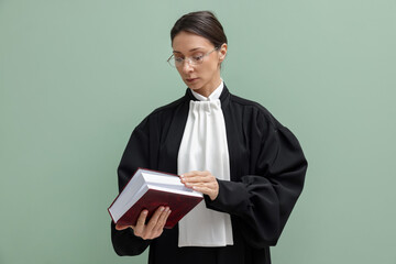 Judge with book on light green background
