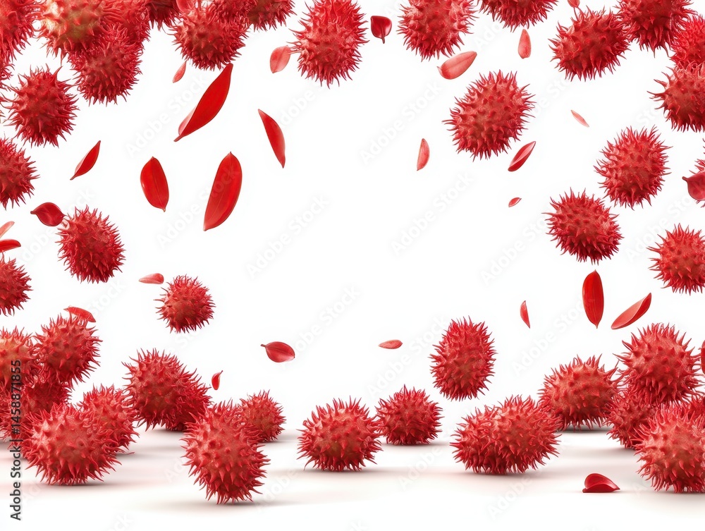 Poster vibrant red abstract floral pattern with 3d style petals and decorative ornamentation on white backg