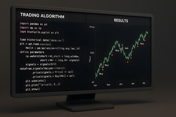 Automated trading algorithm displaying financial analytics and market results visualized on a computer monitor for business applications