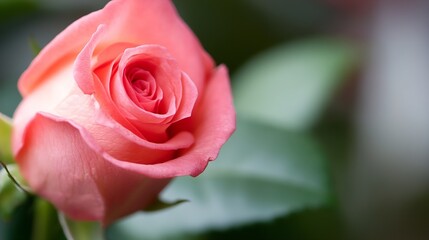 Close-up view of a delicate, light pink rosebud, showcasing its soft petals and gentle curve. The blurred background enhances the flower's beauty and purity. : Generative AI