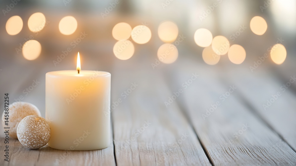 Poster a lit candle sits on a rustic wooden surface, accompanied by two decorative eggs; soft, warm bokeh l
