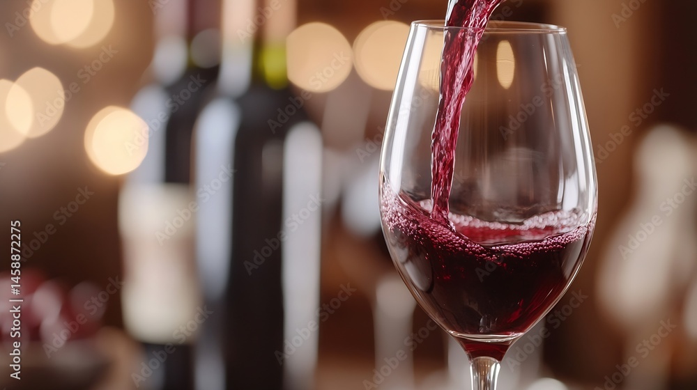 Poster red wine pouring into a crystal glass, bokeh lights in background, close-up view of rich red liquid,