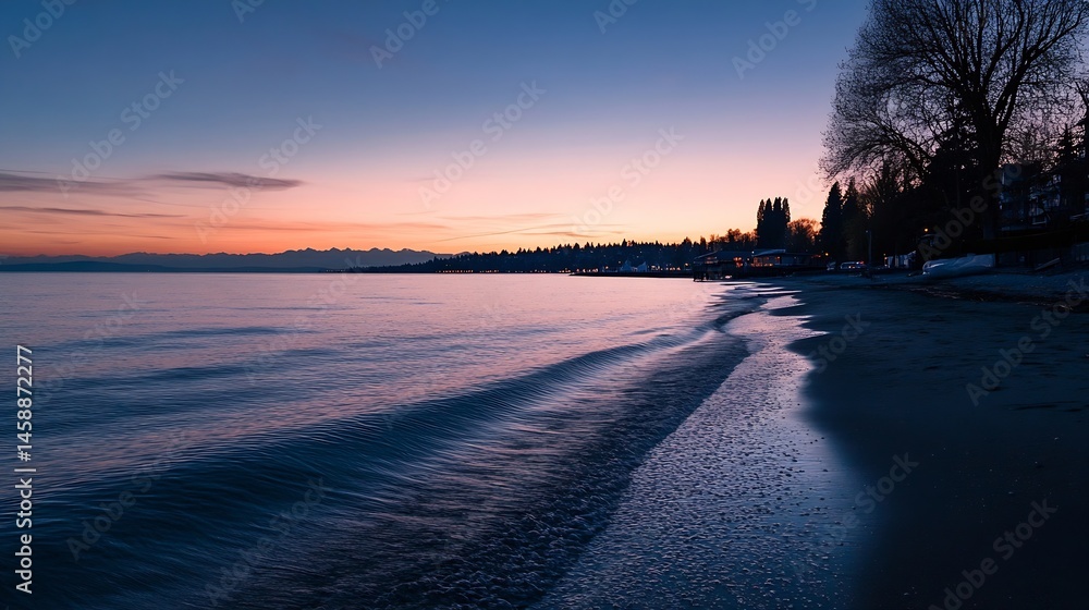 Aufkleber serene sunset over calm ocean waves lapping a sandy shore, silhouetted trees and distant mountains a