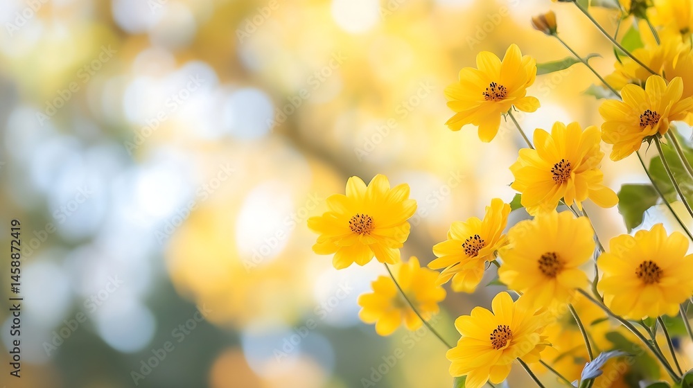 Aufkleber close-up view of vibrant yellow flowers, delicate petals, and blurred bokeh background, creating a s