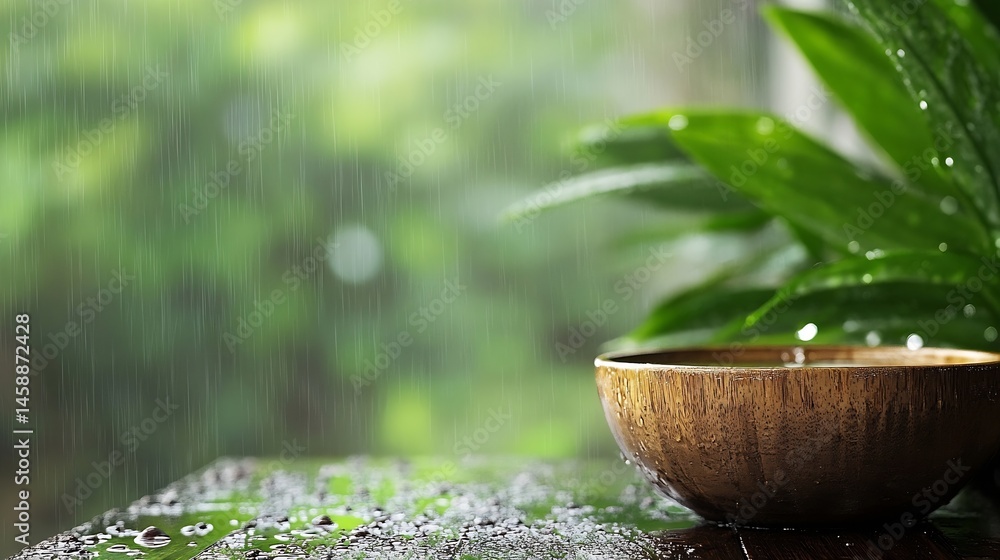 Poster wooden bowl filled with water sits on a rain-soaked surface, lush green foliage and rain streaks vis