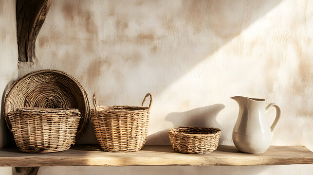 Rustic Still Life: A serene composition of handcrafted woven baskets and a pristine ceramic pitcher rests on a weathered wooden shelf against a textured wall, bathed in warm sunlight.