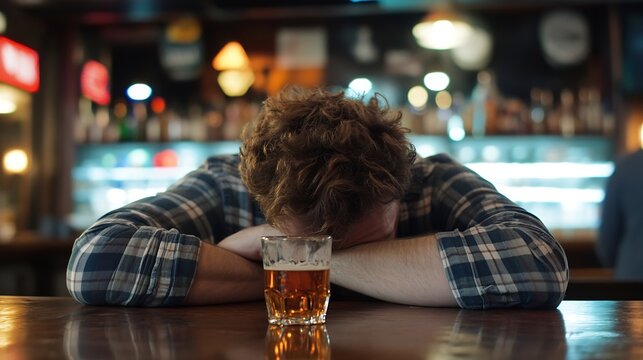 Man with curly hair rests his head on the bar, feeling dejected, a half-empty glass of beer sits before him in a dimly lit pub. : Generative AI - Powered by Adobe
