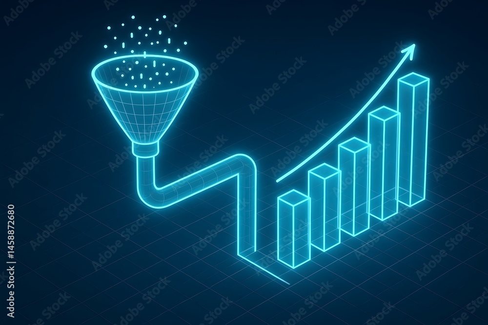 Poster business data flow depicted as a funnel leading to upward trend on a bar graph showing growth and de
