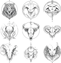 Vector Zodiac Animal Heads, Monochrome Mystical Astrology Art.