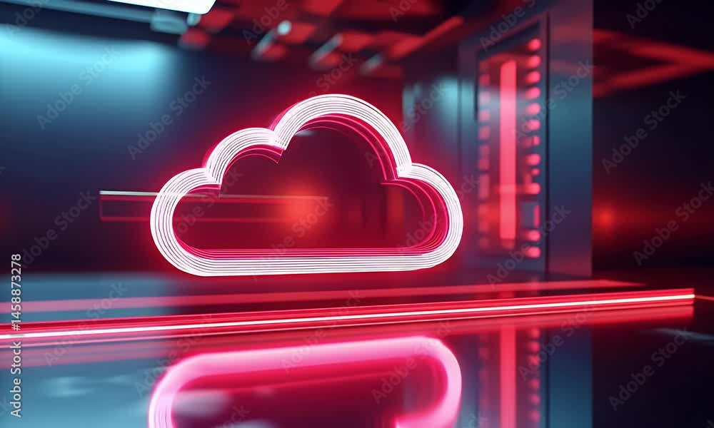 Poster 3d render of a server rack with a cloud icon on the screen, close-up, with a red and green color pal