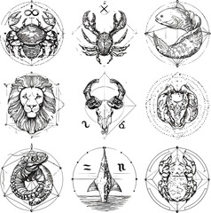 Vector Zodiac Animal Set, Monochrome Esoteric Astrology Signs.