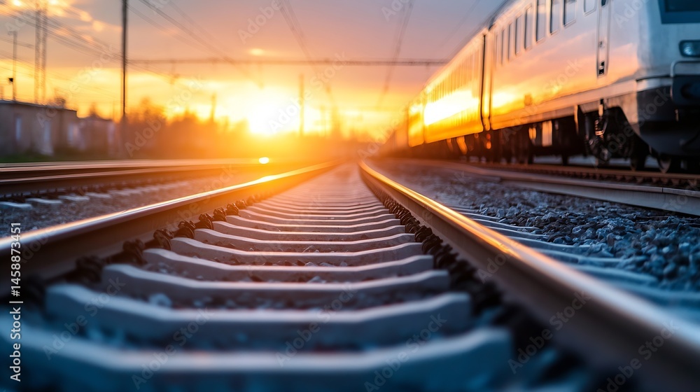 Poster train tracks receding into the sunset, a high-speed train speeding by, warm golden hour light illumi