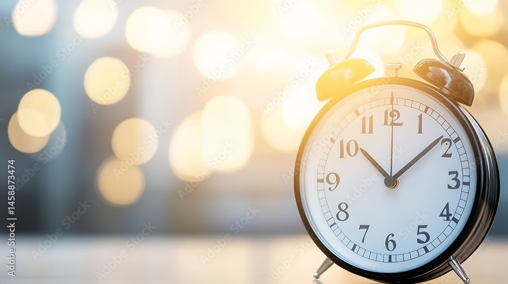Poster classic black alarm clock showing almost twelve o'clock, sitting on a table with a blurred bokeh bac