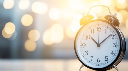 Classic black alarm clock showing almost twelve o'clock, sitting on a table with a blurred bokeh background of warm yellow lights. : Generative AI