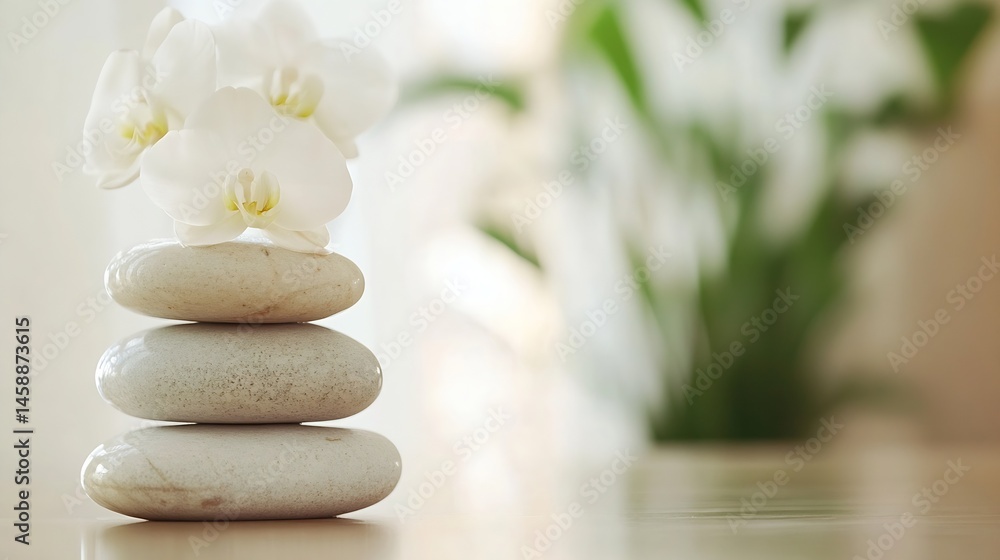 Poster serene spa scene featuring a stack of three smooth, light gray stones topped with delicate white orc