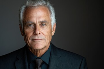 Fototapeta premium Portrait of a mature, serious-looking man with gray hair, wearing a dark suit and tie.
