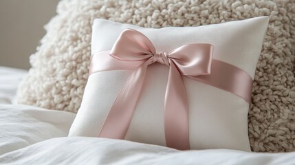 A delicate blush pink ribbon tied in a bow on a soft white cushion