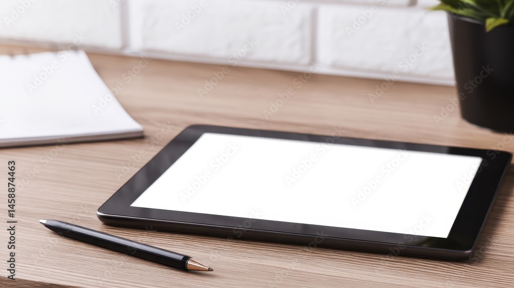 Poster modern workspace featuring a tablet on a wooden desk with a notepad and plant in the background