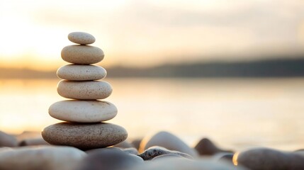 Serene sunset scene featuring a carefully balanced stack of five smooth, grey and beige stones on a beach, symbolizing peace and tranquility. : Generative AI