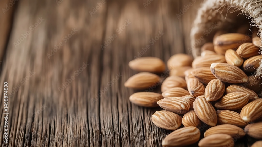 Poster a burlap sack spills almonds onto a rustic wooden surface, showcasing the nuts' rich brown color and