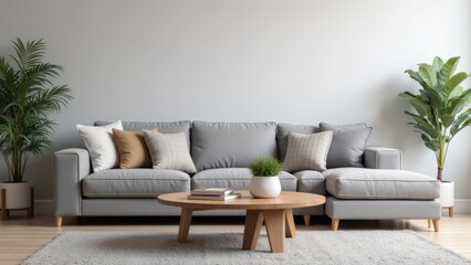 Modern Living Room with Gray Sofa, Round Coffee Table, and Plants: Interior Design, Home Decor