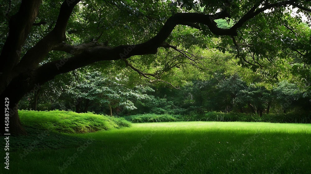 Poster Serene park scene with a large tree casting shade over a lush green meadow and dense forest backdrop, creating a tranquil atmosphere. : Generative AI