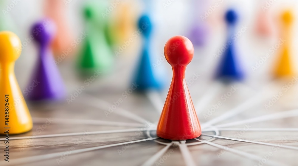 Poster a single red game piece sits at the center of a network, surrounded by blurred colorful game pieces,
