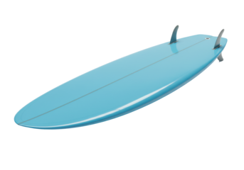 Skyblue surfboard with twin fins atop a stark black canvas
