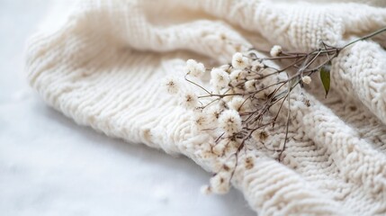 Close-up of cream-colored knitted fabric with a sprig of dried white flowers resting gently on top, creating a cozy and serene winter scene. : Generative AI