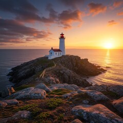 Fototapeta premium Lighthouse at Sunset on Rocky Coastline