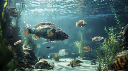 Fototapeta premium A detailed and realistic underwater scene where fish showcase their distinctive behaviors and survival strategies, including how they hunt and interact with their habitat. 