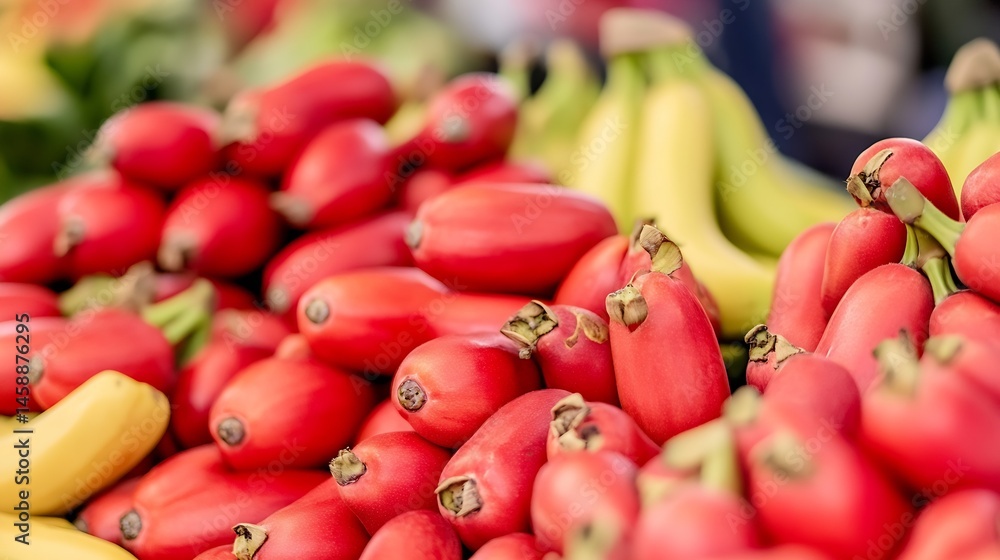 Aufkleber close-up view of a vibrant pile of red bananas, interspersed with yellow bananas, showcasing their s