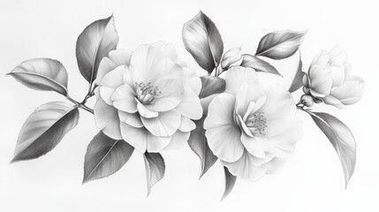 Obraz premium A detailed pencil sketch of Camellia sasanqua flowers, hand-drawn on white paper, focusing on the elegant curves and shading of the petals and leaves.