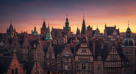 Fototapeta premium European Cityscape at Sunset: Brown Rooftops and Towers