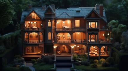 A detailed photorealistic dollhouse-style split of a grand home, showcasing heart-shaped chambers, secret hallways, and intimate guest spaces, rich textures, cinematic lighting.