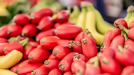 Close-up view of a vibrant pile of red bananas, interspersed with yellow bananas, showcasing their smooth skin and unique color contrast at a farmer's market. : Generative AI
