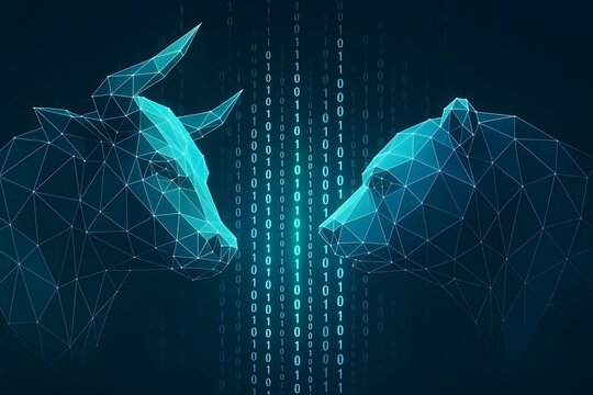 Digital representation of the stock market with bull and bear symbols showcasing financial trading algorithms and complex business analytics