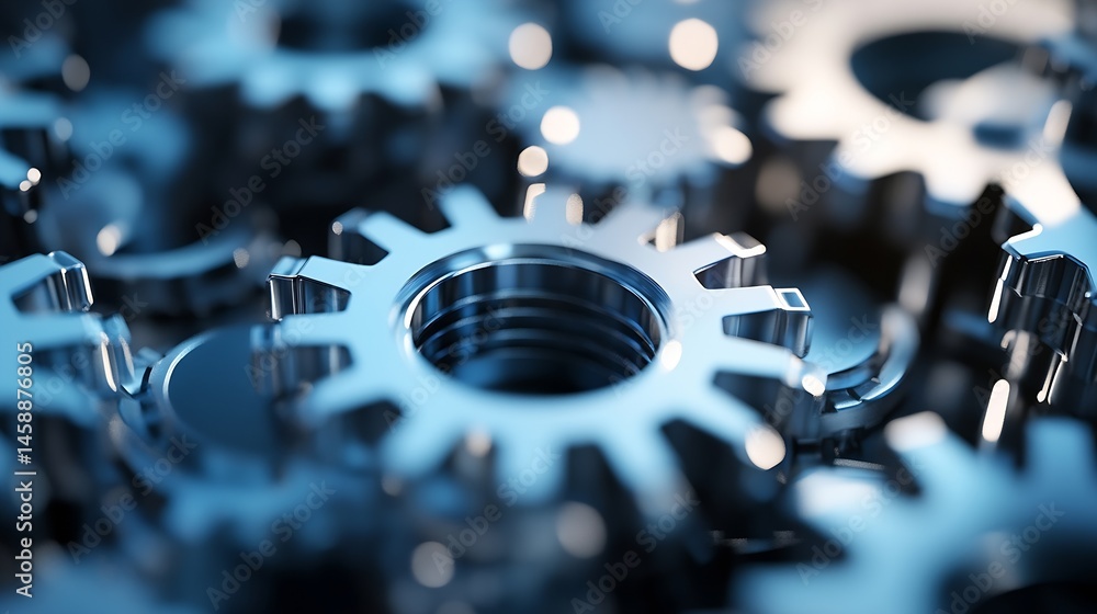 Fototapete Close-up view of intricate metallic gears, showcasing precision engineering and complex machinery components in a cool blue tone. : Generative AI