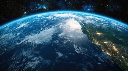 Fototapeta premium A detailed view of the Earth from space, showing vibrant oceans, continents, and cloud patterns against a dark cosmic backdrop.