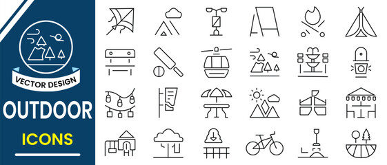 Outdoor line icon set. Park, Travel simple line icon set. Collection of  campfire, hiking, forest, barbecue, camp Trailer and more. Outdoor icon editable stroke Vector illustration.