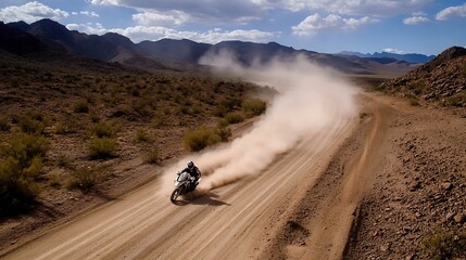 Motorcyclist riding adventure bike on a dusty desert trail, surrounded by arid mountains under a partly cloudy sky. : Generative AI