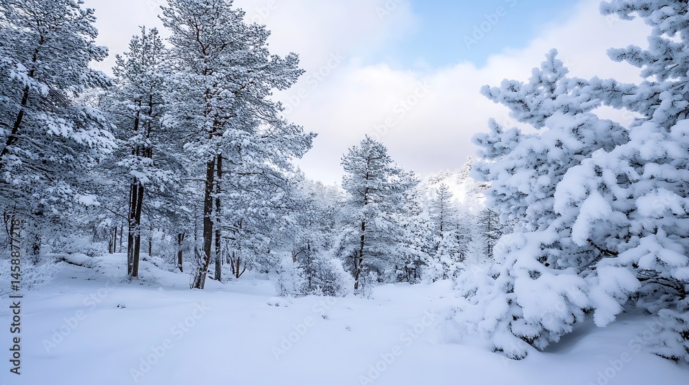 Poster Snow-covered pine trees in a winter forest, sunlight filtering through the branches, creating a serene and peaceful atmosphere. : Generative AI