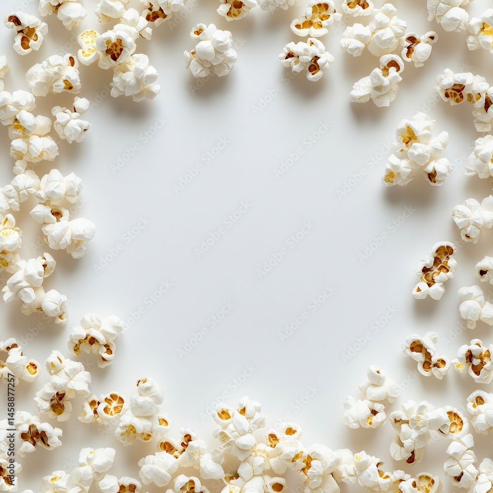 Poster Popcorn circle frame on a white surface. Food concept. Top view. Ready for text placement. Isolated food. 130 Characters.
