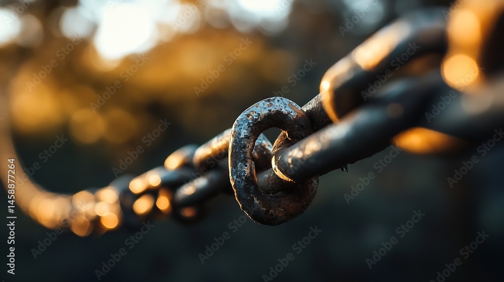 Poster close-up view of a rusty metal chain, sunlight illuminating its links, blurred natural background su