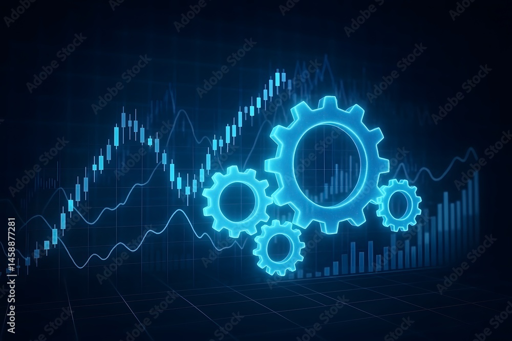 Aufkleber financial business analytics concept with glowing gears and trading charts depicting data and algori