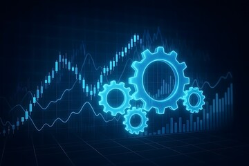 Financial business analytics concept with glowing gears and trading charts depicting data and algorithmic processes