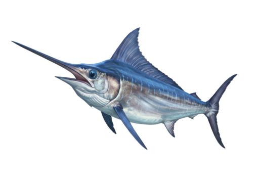 Striking marlin in navy and silver tones poised for a deep dive