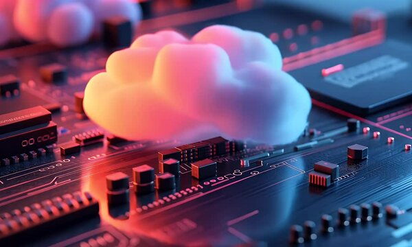 3D render of a close-up row of server racks with a cloud icon on the screen, in a high-tech data center room background. Cloud computing - Powered by Adobe