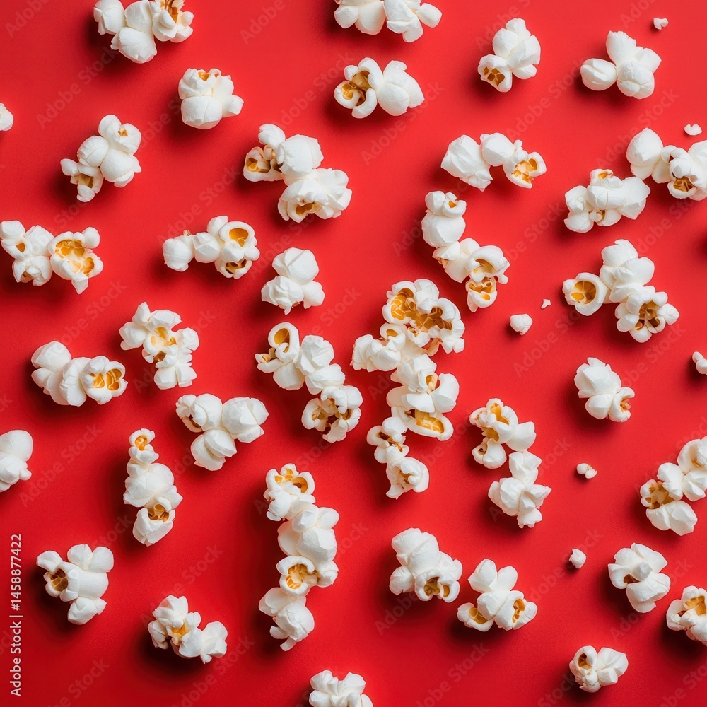 Leinwandbilder popcorn delight: a delightful arrangement of fluffy popcorn pieces scattered across a vibrant red su