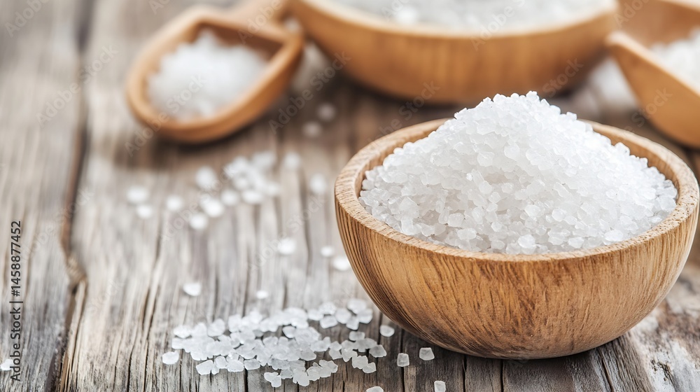 Aufkleber close-up view of sea salt crystals in a rustic wooden bowl, with additional salt in a wooden scoop a